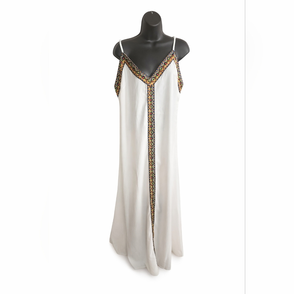 Jan - Boho Embroidered Trim White Maxi Dress Flowy Spaghetti Strap Summer